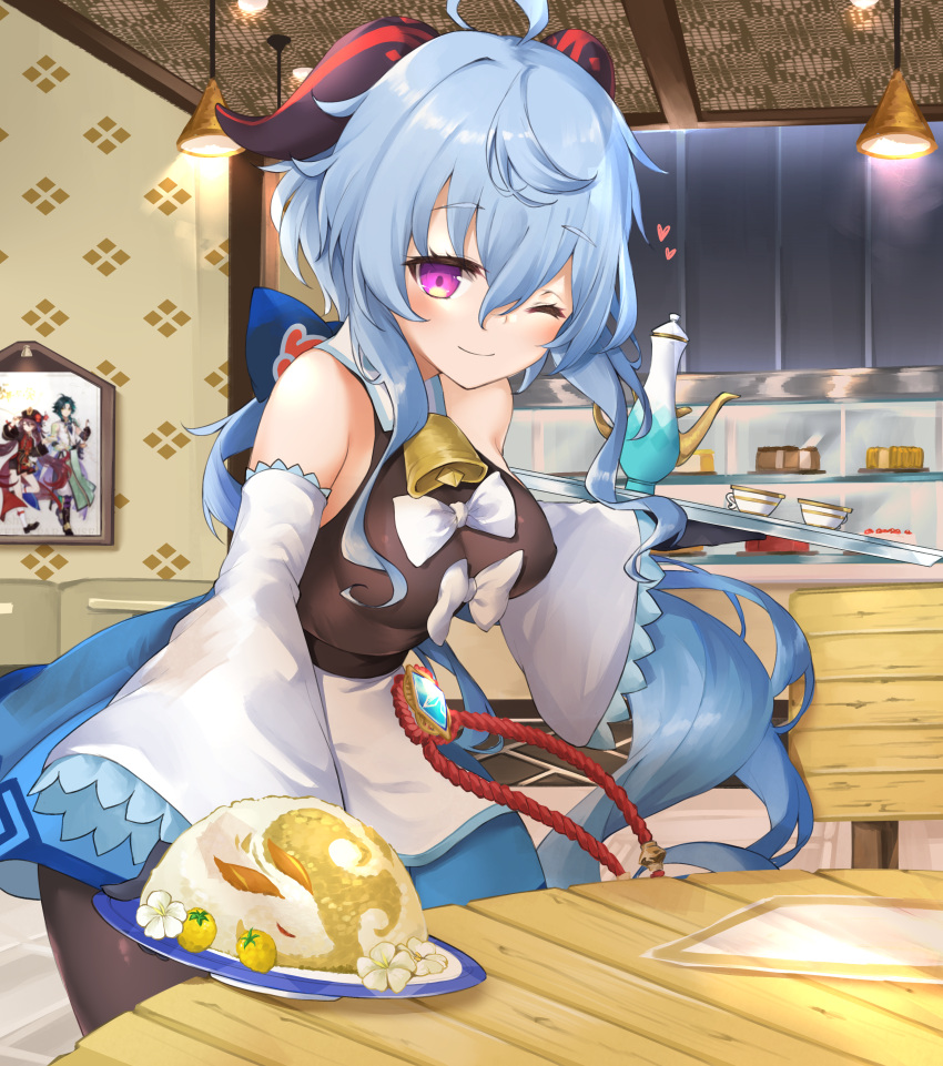 absurdres ahoge alternate_costume apron bare_shoulders bell black_legwear blue_hair blush bow bowtie breasts cafe chair cup curled_horns dessert detached_sleeves female food ganyu_(genshin_impact) genshin_impact heart highres horns hu_tao_(genshin_impact) indoors leglus long_hair looking_at_viewer low_ponytail medium_breasts neck_bell one_eye_closed prosperous_peace_(genshin_impact) purple_eyes sidelocks smile solo table tray very_long_hair vision_(genshin_impact) white_sleeves wide_sleeves xiao_(genshin_impact)