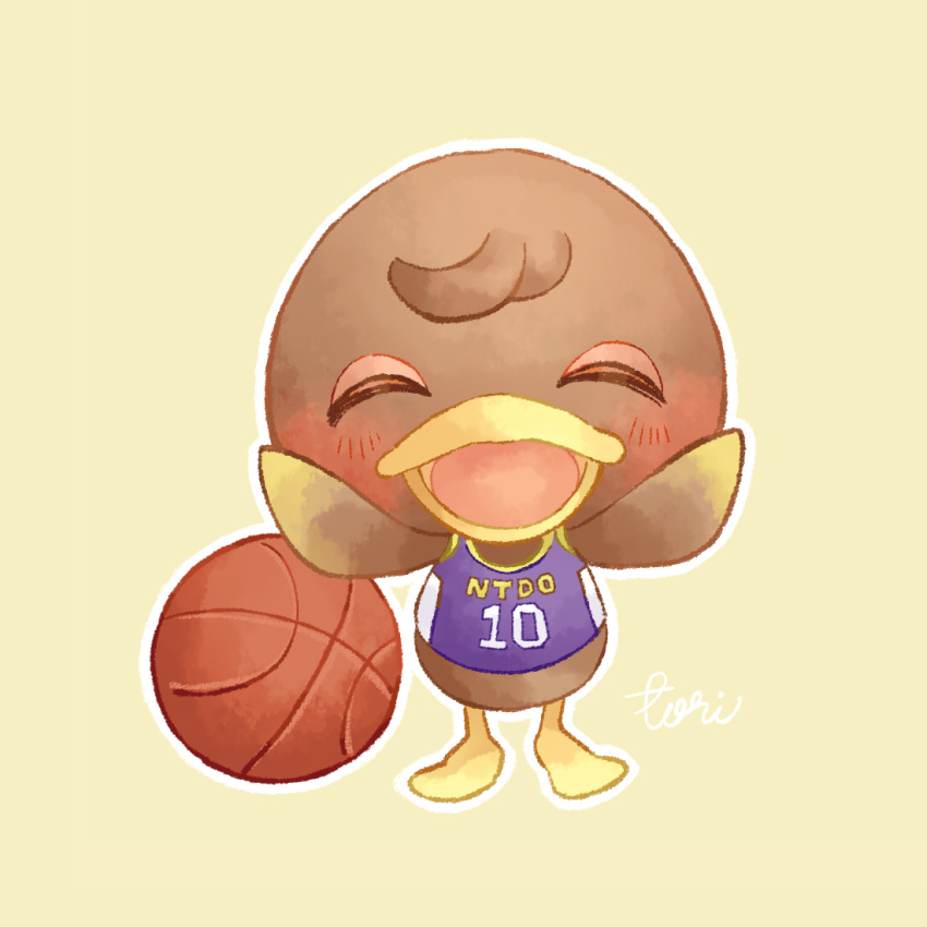 1boy animal_crossing artist_name ball basketball basketball_(object) bill_(animal_crossing) bird bird_boy blush closed_eyes duck furry furry_male male_focus mata open_mouth solo yellow_background