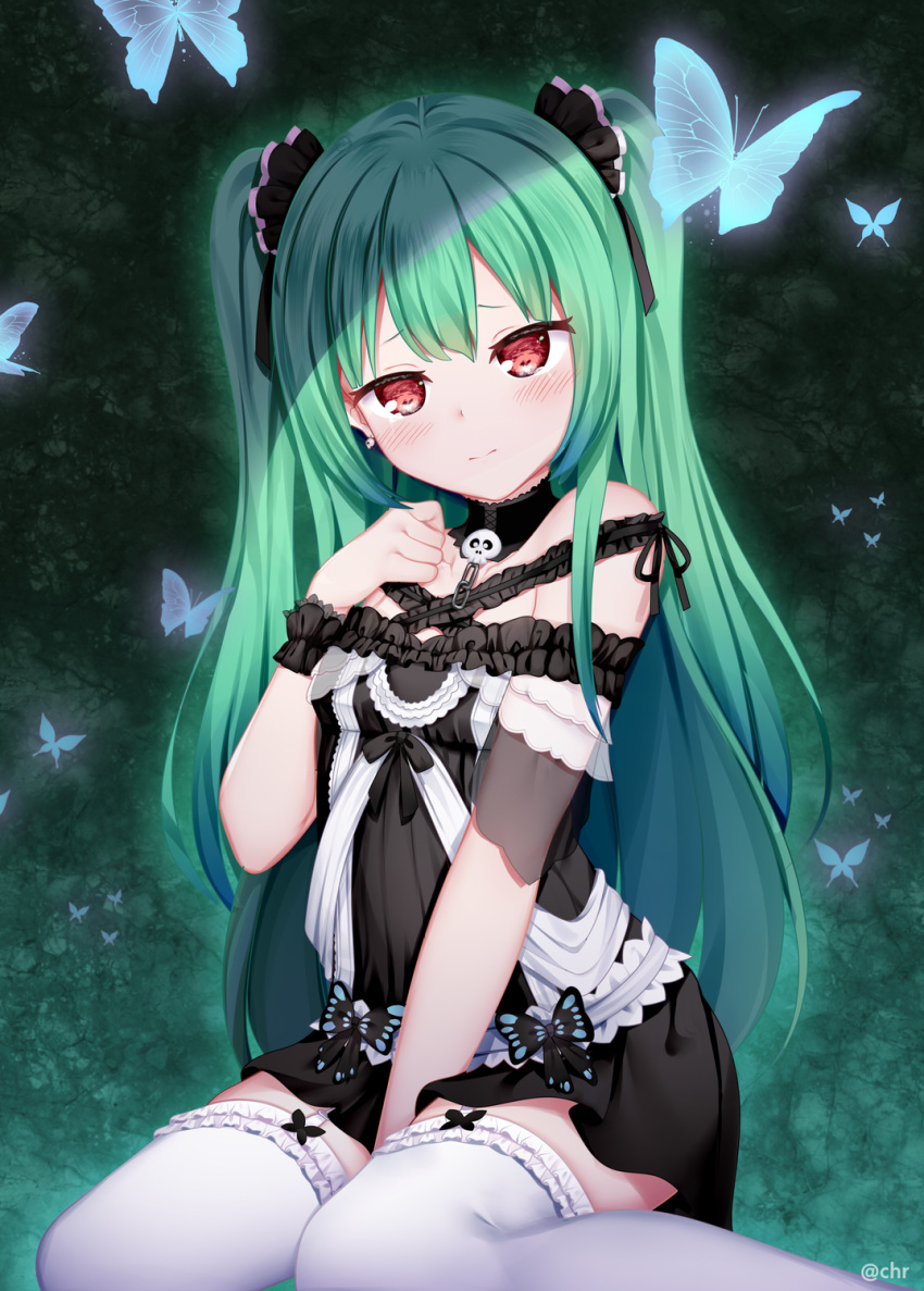 animal bare_shoulders between_legs black_collar black_dress black_ribbon blue_butterfly blush breasts bug butterfly chains chrisandita closed_mouth collar commentary dress earrings female frilled_thighhighs frills green_hair hair_ribbon hand_between_legs hand_up highres hololive jewelry long_hair looking_at_viewer official_alternate_costume red_eyes ribbon see-through short_dress sitting skull skull_earrings small_breasts solo thighhighs twitter_username two_side_up uruha_rushia uruha_rushia_(3rd_costume) virtual_youtuber wariza white_thighhighs