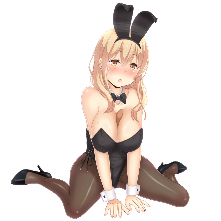 absurdres animal_ears between_breasts black_bow black_bowtie black_leotard black_pantyhose blonde_hair bow bowtie breasts commentary_request detached_collar fake_animal_ears female highres large_breasts leotard long_hair looking_at_viewer pantyhose playboy_bunny rabbit_ears sainohikari sexually_suggestive simple_background sitting solo sunohara_ayaka sunoharasou_no_kanrinin-san wariza white_background wrist_cuffs