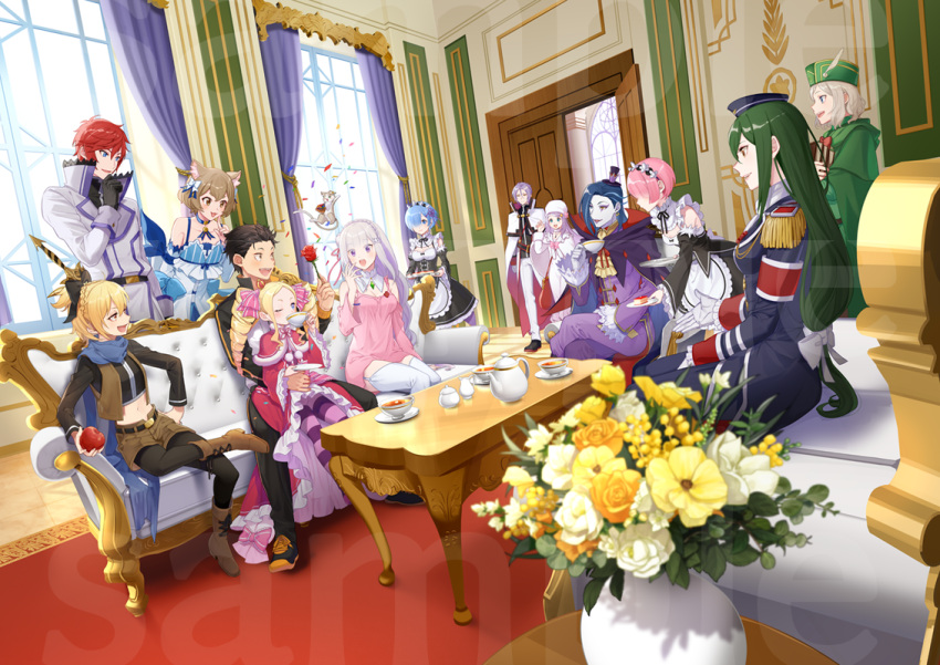 6+girls anastasia_hoshin animal_ears beatrice_(re:zero) black_hair blonde_hair blue_eyes blue_hair brown_hair cape cat_ears couch crusch_karsten cup dress drill_hair emilia_(re:zero) felix_argyle felt_(re:zero) flower flower_pot green_hair grey_hair hair_flower hair_ornament hair_ribbon hat hug indoors julius_juukulius kumuo_(mirakurufusao) living_room long_hair long_sleeves maid maid_headdress multiple_girls natsuki_subaru otto_suewen pink_hair puck_(re:zero) purple_hair purple_ribbon ram_(re:zero) re:zero_kara_hajimeru_isekai_seikatsu red_dress red_hair reinhard_van_astrea rem_(re:zero) ribbon rose roswaal_l._mathers roswaal_mansion_maid_uniform scarf short_hair sitting sitting_on_lap sitting_on_person table teacup teapot twin_drills vase white_flower x_hair_ornament