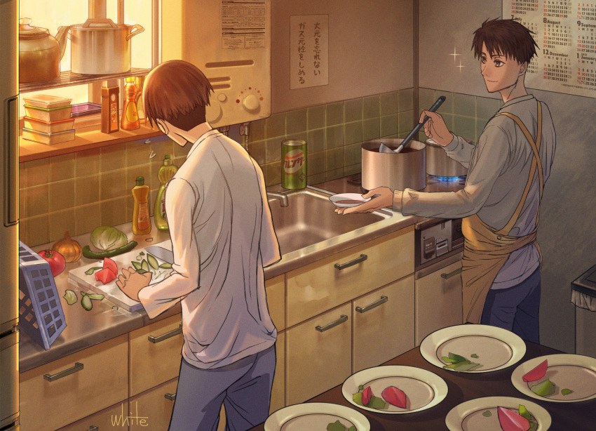 2boys apron artist_name basket black_hair brown_eyes brown_hair calendar_(object) cooking cooking_oil cooking_pot cucumber cutting_board drawer haiji_kiyose highres indoors kaze_ga_tsuyoku_fuiteiru kettle kitchen knife kurahara_kakeru ladle male_focus multiple_boys onion pants plate shirt sink sparkle standing stove table tomato trash_can white50080909 white_shirt