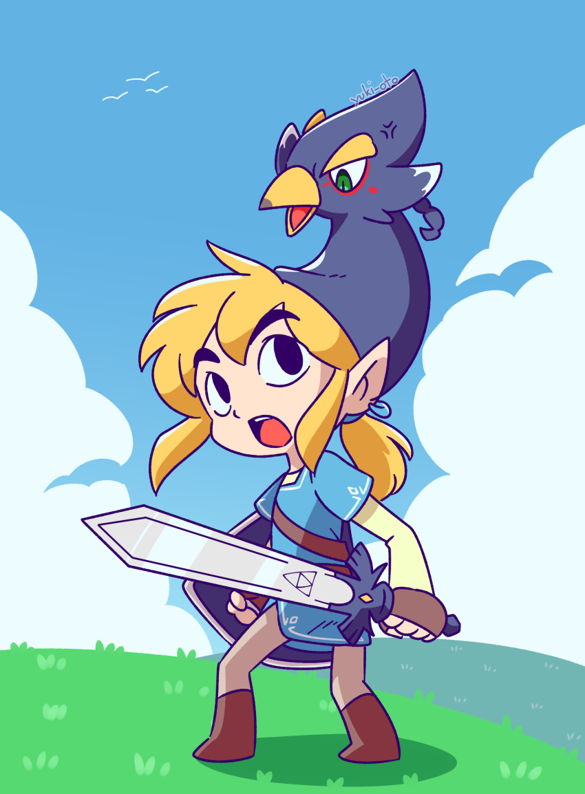 2022 annoyed avian beak blonde_hair breath_of_the_wild clothing cloud day duo ear_piercing ear_ring elf fingerless_gloves footwear gloves grass hair handwear hi_res holding_melee_weapon holding_object holding_sword holding_weapon humanoid humanoid_pointy_ears hylian light_body light_skin male master_sword melee_weapon minish_cap nintendo open_mouth piercing plant ponytail revali ring_piercing rito sword the_legend_of_zelda toon_link weapon wind_waker yuki_oto