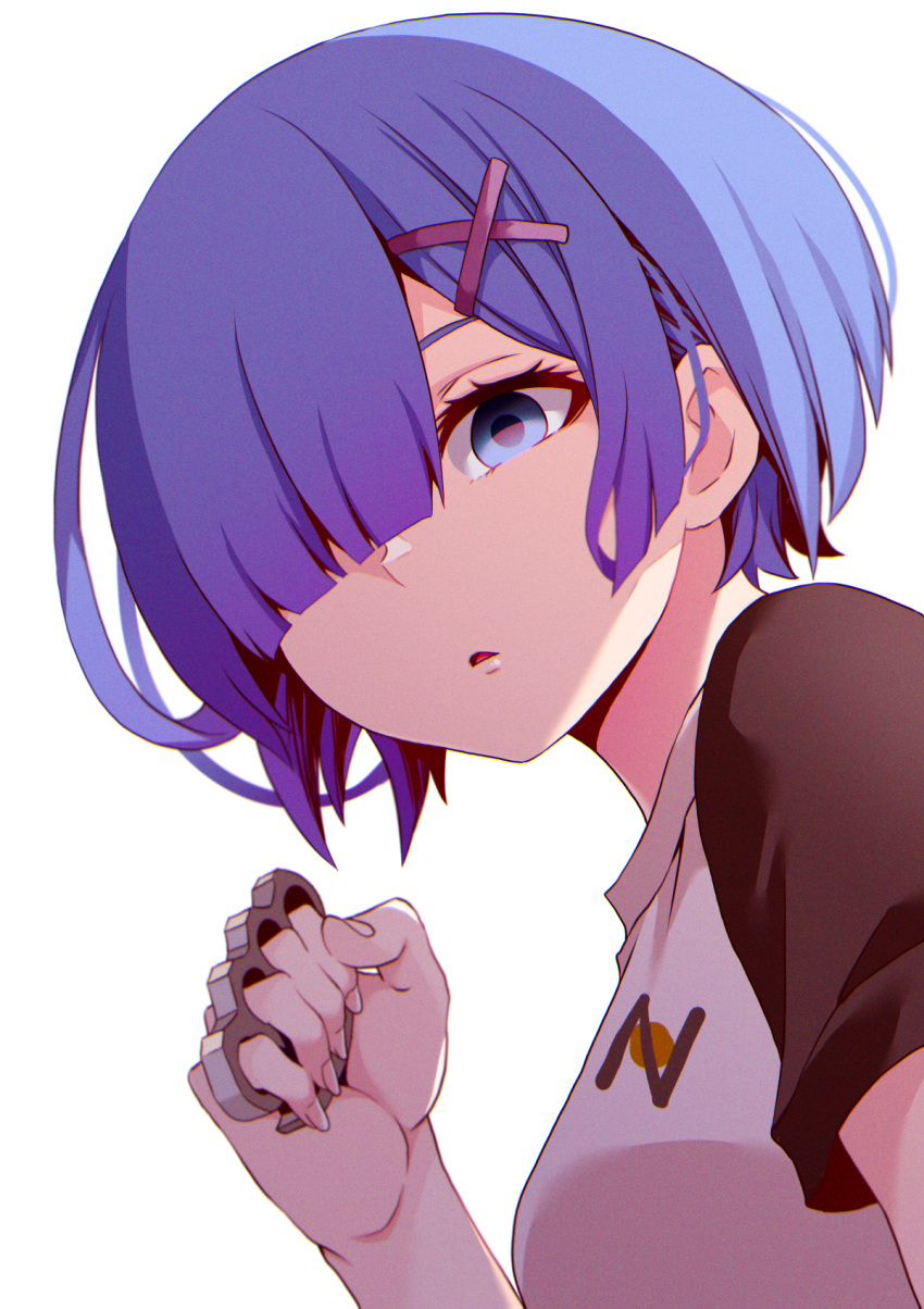 black_sleeves blue_eyes blue_hair blunt_bangs brass_knuckles female hair_ornament hair_over_one_eye highres looking_at_viewer open_mouth re:zero_kara_hajimeru_isekai_seikatsu rem_(re:zero) shirt short_hair short_sleeves solo upper_body weapon white_shirt x_hair_ornament yasehattagi