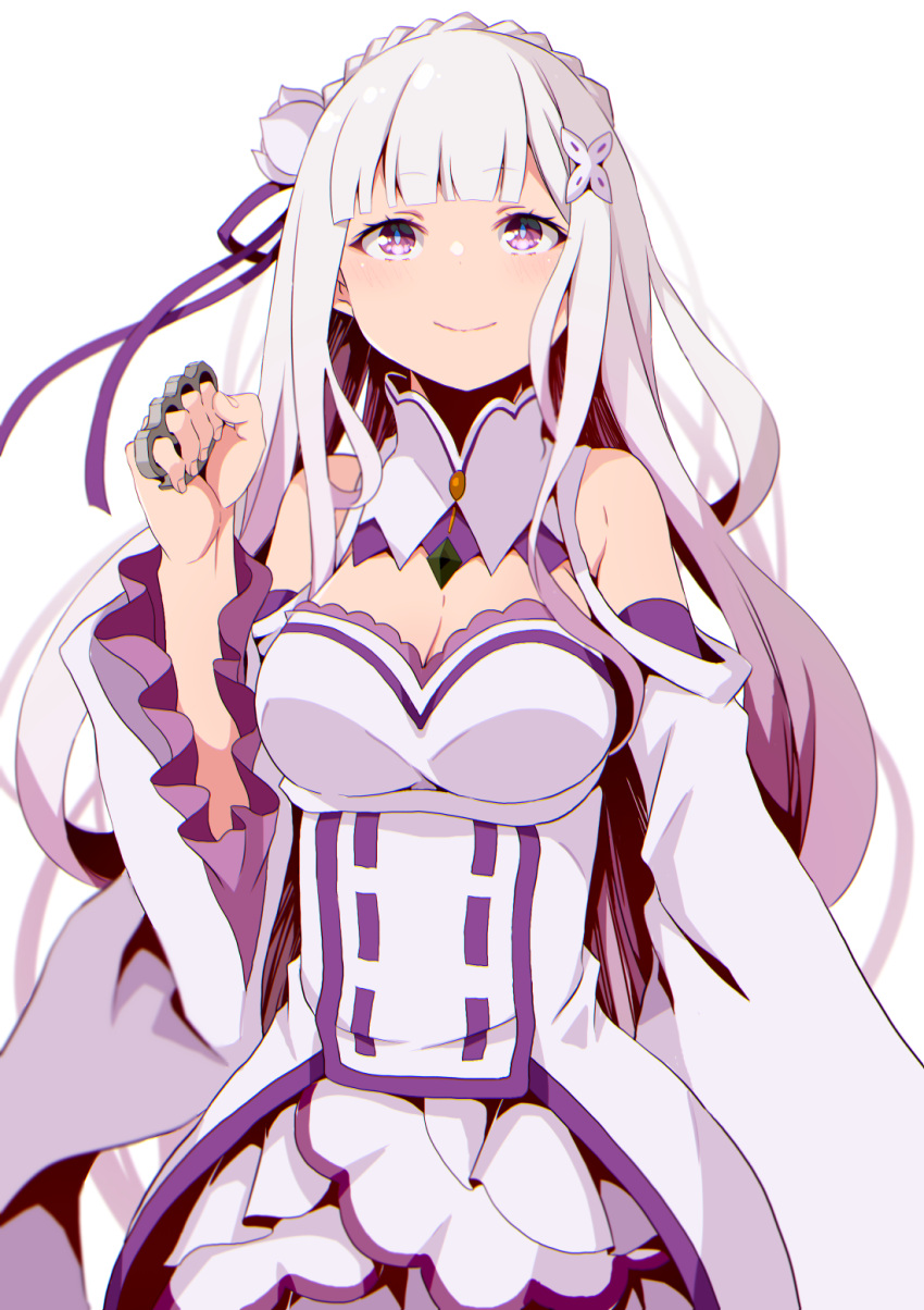 blunt_bangs braid brass_knuckles breasts cleavage closed_mouth crown_braid detached_collar detached_sleeves emilia_(re:zero) female flower hair_flower hair_ornament hair_ribbon highres layered_skirt long_hair long_sleeves medium_breasts purple_eyes purple_ribbon re:zero_kara_hajimeru_isekai_seikatsu ribbon simple_background skirt smile solo standing very_long_hair weapon white_background white_flower white_hair white_skirt white_sleeves x_hair_ornament yasehattagi