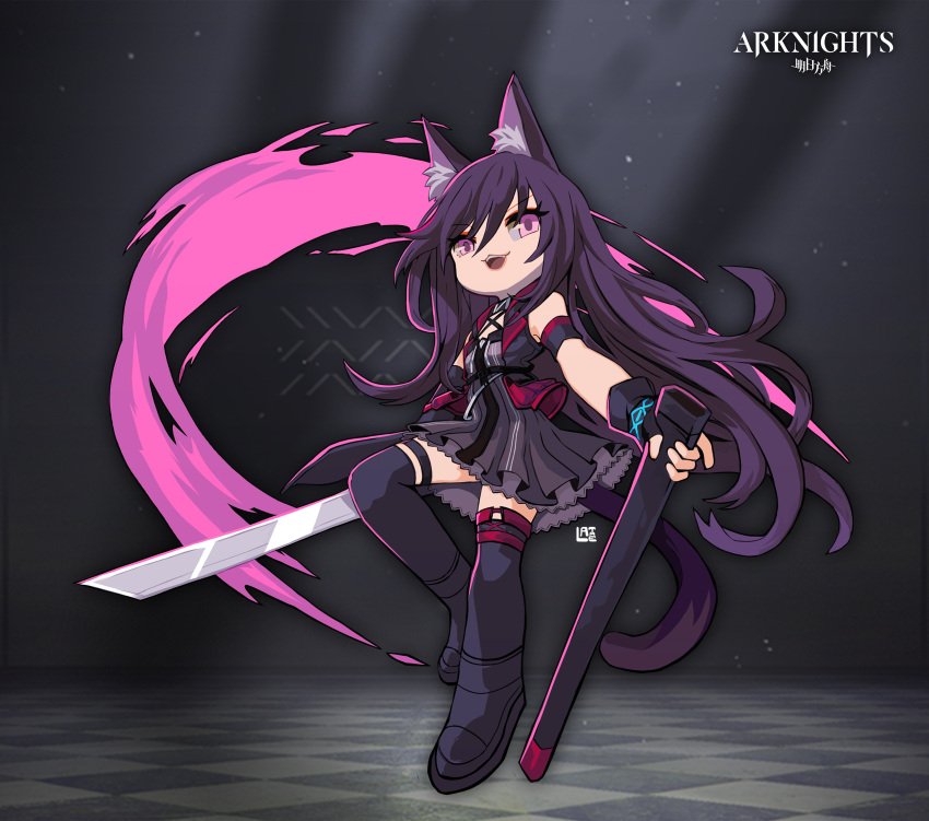 :d absurdres animal_ears arknights boots cat_ears cat_girl cat_tail dress fangs female full_body gloves hair_between_eyes highres holding holding_sword holding_weapon katana lataedelan long_hair looking_at_viewer melantha_(arknights) open_mouth purple_dress purple_eyes purple_footwear purple_gloves purple_hair sheath sleeveless sleeveless_dress smile solo sword tail thigh_boots thighhighs weapon