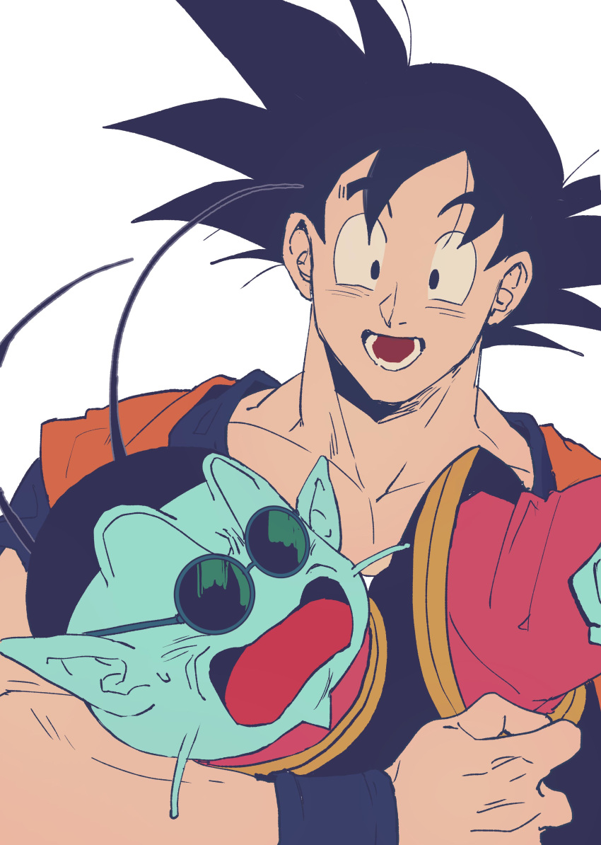 2boys :d absurdres arm_around_neck black_eyes black_hair blue_skin colored_skin commentary_request d: dougi dragon_ball dragon_ball_z highres looking_at_another male_focus multiple_boys nervous north_kaiou open_mouth oshiruko_(oshiruko0803) simple_background smile son_goku spiked_hair sunglasses sweatdrop teeth white_background wristband