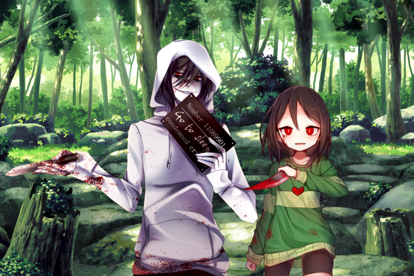 black_hair blood blush brown_hair chara chara_(undertale) creepypasta crossover female forest jeff_the_killer knife long_hair looking_at_viewer male nature red_eyes smile standing straight undertale