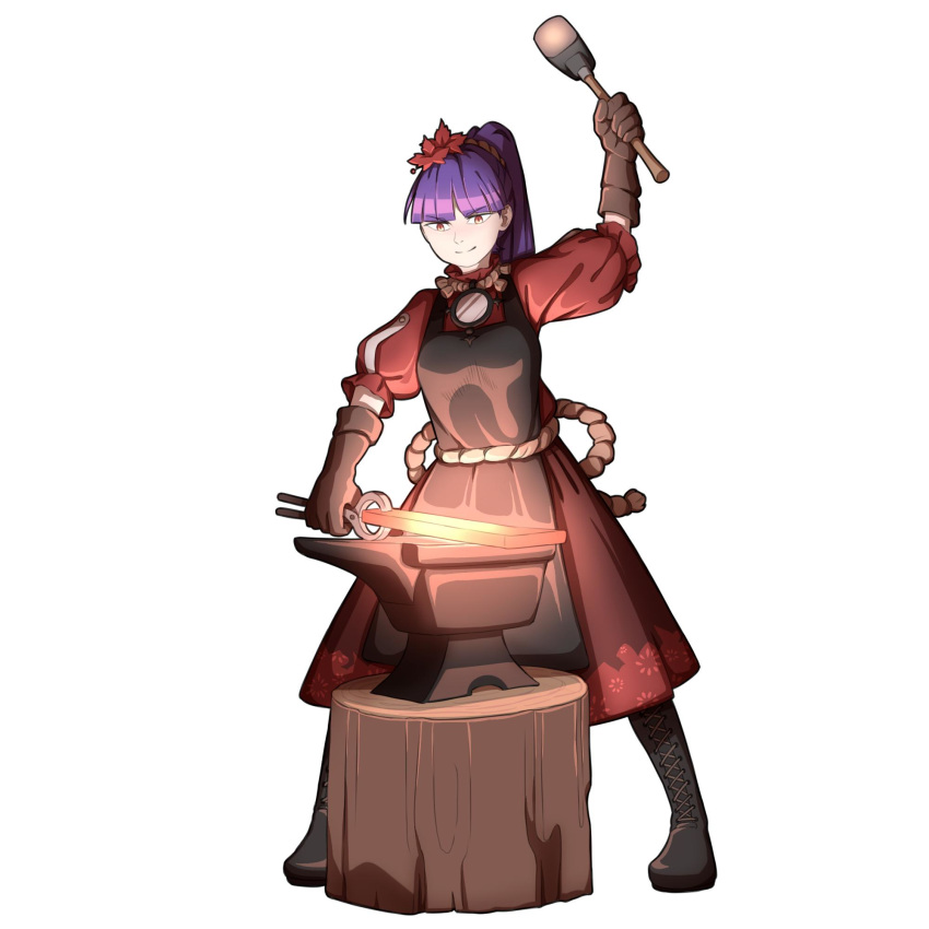 anvil apron autumn_leaves black_apron blacksmith blacksmith_tongs boots brown_gloves commentary female gloves glowing_hot hair_ornament hammer hat highres holding holding_tongs leaf_hair_ornament leather leather_gloves long_skirt mefomefo mirror pincers puffy_short_sleeves puffy_sleeves purple_hair red_eyes red_skirt rope shimenawa short_sleeves skirt tongs touhou yasaka_kanako