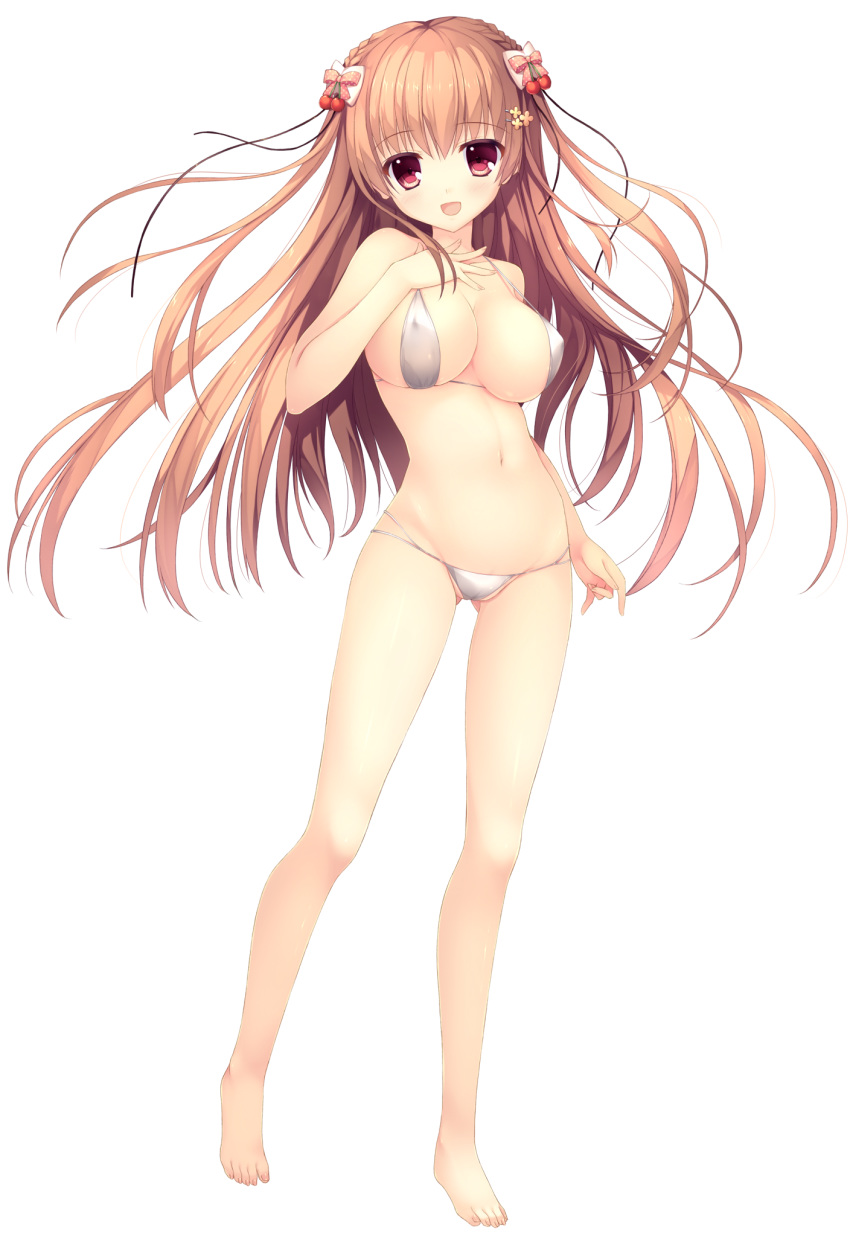 barefoot bikini blush braid breasts brown_hair cherry_hair_ornament clover_hair_ornament covered_nipples female food-themed_hair_ornament french_braid full_body hair_ornament haruoto_alice_gram highres large_breasts long_hair looking_at_viewer nanao_naru navel official_art open_mouth red_eyes shirahane_yuuri solo swimsuit transparent_background white_bikini