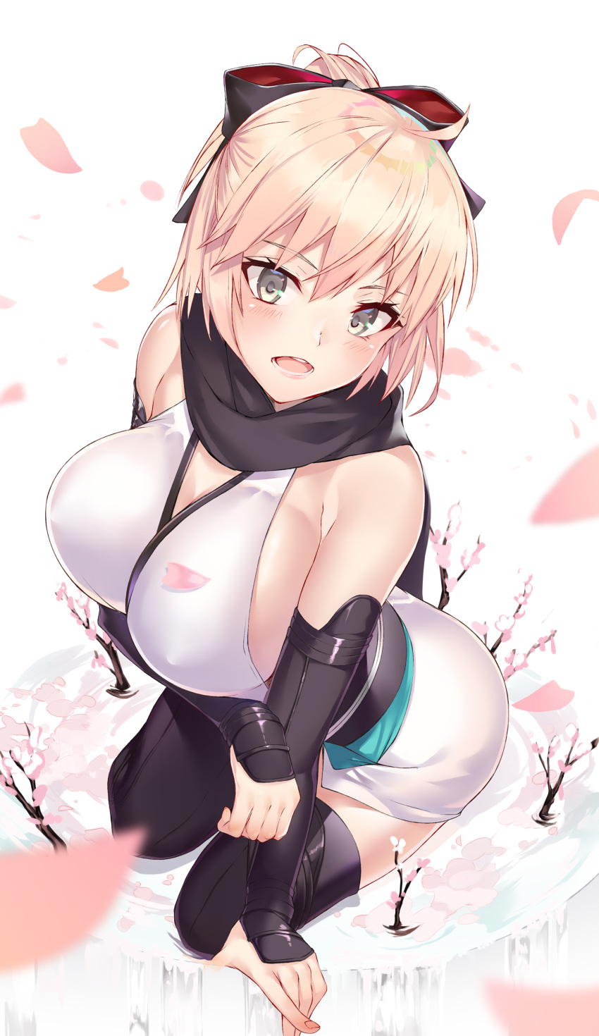 absurdres black_bow black_legwear black_scarf blonde_hair blush bow breasts cherry_blossoms eyebrows_visible_through_hair fate_(series) female from_above hairbow highres koha-ace large_breasts looking_at_viewer okita_souji_(fate) okita_souji_(fate)_(all) open_mouth petals scarf sitting solo suigetsu_(hjs1106) teeth thighhighs wariza yellow_eyes