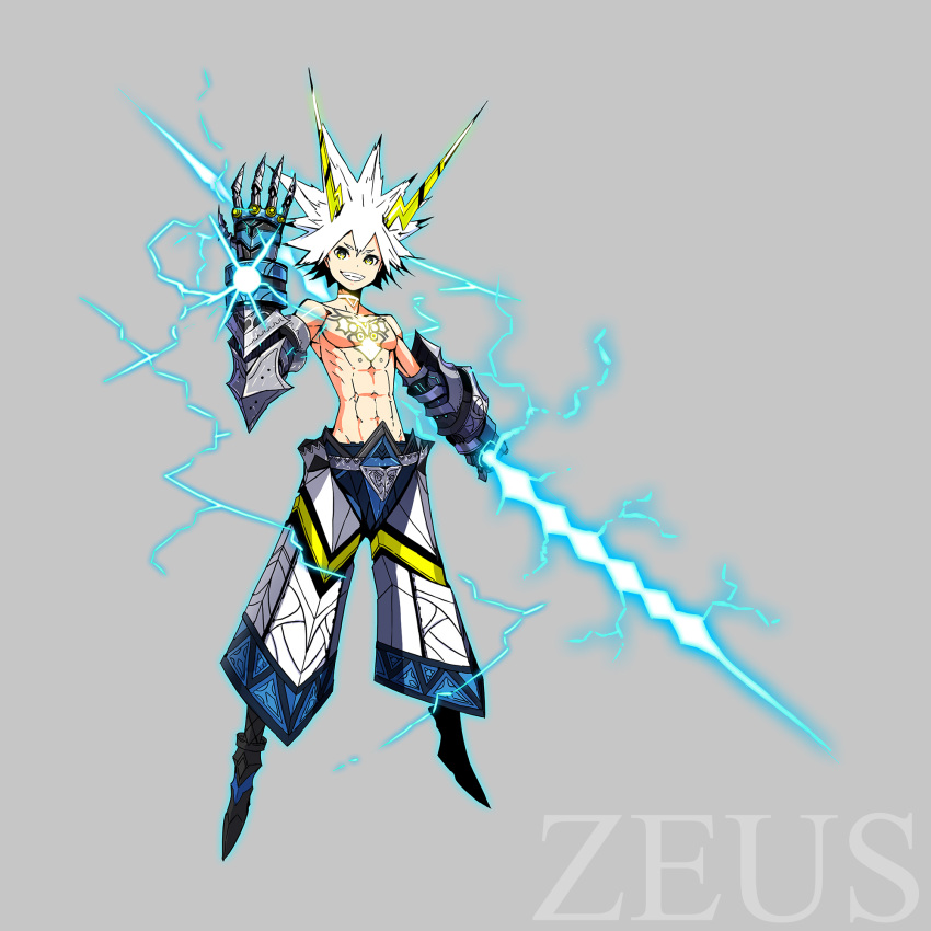 1boy abs bare_pectorals character_name chest_tattoo commentary_request electricity full_body gauntlets greek_mythology grey_background highres holding_lightning_bolt horns lightning_bolt_symbol looking_at_viewer male_focus mecha_danshi muscular official_art palow pants pectorals photoshop_(medium) polearm shinwa_sousei_rpg_amadeus solo spear spiked_hair tattoo weapon white_hair yellow_eyes zeus_(mythology)