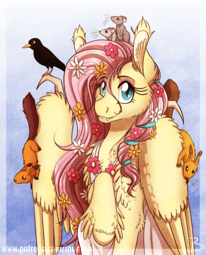 2019 avian bird blue_eyes claws common_blackbird equid equine fangs female feral flower fluffy fluttershy_(mlp) friendship_is_magic hair hasbro hi_res inuhoshi-to-darkpen mammal mouse murid murine my_little_pony mythological_creature mythological_equine mythology oscine passerine pegasus pink_hair plant pupils rodent sciurid slit_pupils solo teeth thrush_(bird) true_thrush wings