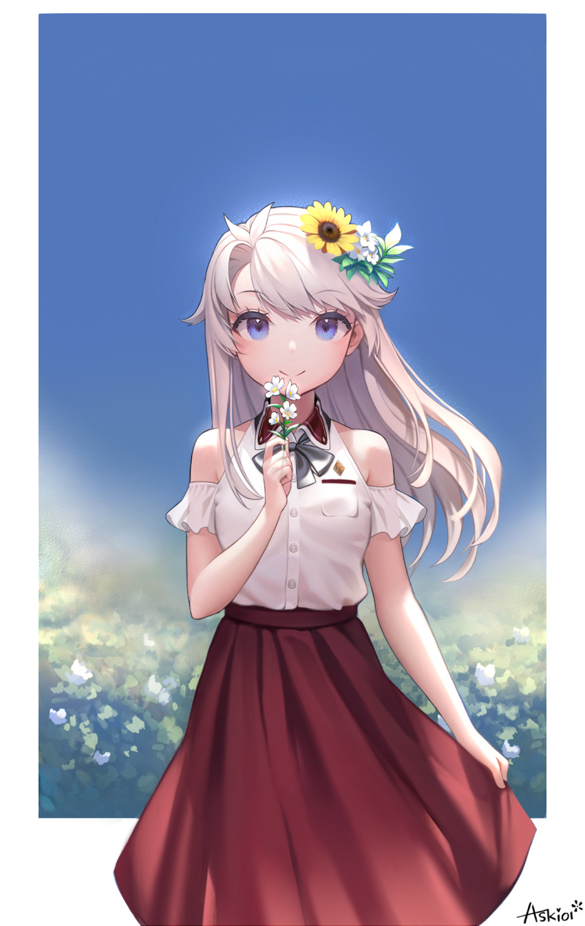 bare_shoulders blue_eyes borrowed_character commentary_request eat_8971 female flower grey_hair hair_flower hair_ornament herme_(ohisashiburi) highres holding holding_flower long_hair long_skirt looking_at_viewer original outdoors red_skirt skirt solo