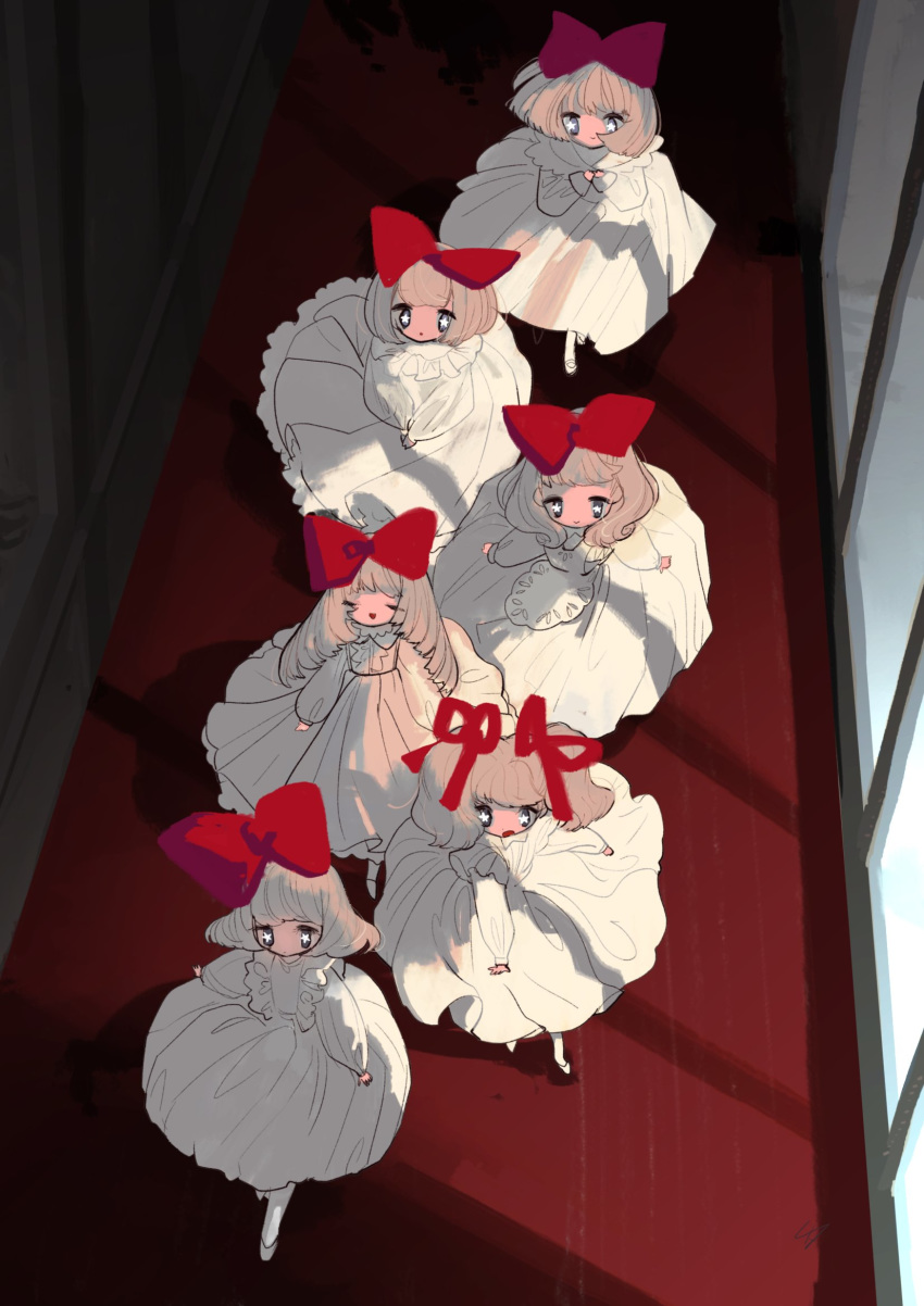 6+girls :> :d arm_at_side arms_at_sides blonde_hair bob_cut bow carpet closed_eyes commentary_request dark dress frilled_dress frills from_above grey_eyes hairbow hallway highres inata17ta indoors layered_sleeves long_hair long_sleeves looking_at_viewer looking_away looking_up multiple_girls no_nose open_mouth original outstretched_arm own_hands_together pantyhose puffy_long_sleeves puffy_sleeves reaching red_bow red_ribbon ribbon shoes short_hair short_over_long_sleeves short_sleeves smile star-shaped_pupils star_(symbol) star_in_eye swept_bangs symbol-shaped_pupils symbol_in_eye twintails v_arms w_arms walking white_dress white_footwear white_legwear window