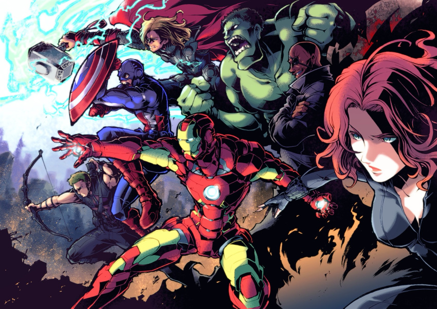 6+boys armor avengers_(series) bald battle black_widow blonde_hair bow_(weapon) breasts cape captain_america cleavage clenched_hands colored_skin commentary_request crossed_arms dark-skinned_male dark_skin electricity eyepatch female fingerless_gloves gloves green_skin grin hawkeye_(marvel) highres hulk iron_man ishiyumi marvel marvel_cinematic_universe mjolnir_(marvel) multiple_boys nick_fury power_armor quiver red_hair shield smile thick_outlines thor_(marvel) weapon western_comics_(style)