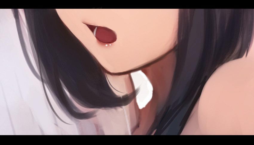 2girls angel_girl_(shimmer) bare_shoulders black-haired_demon_girl_(shimmer) black_hair close-up collarbone commentary head_out_of_frame highres letterboxed mouth_focus multiple_girls open_mouth original shimmer simple_background symbol-only_commentary upper_body white_background white_hair