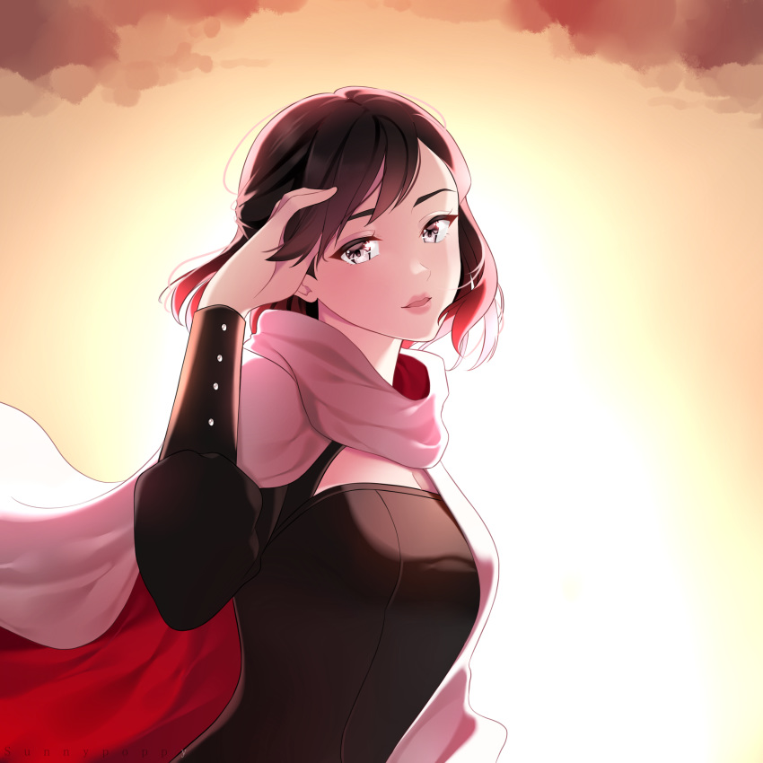 artist_name backlighting black_dress black_hair breasts cape cloud commentary dress female gradient_hair grey_eyes hand_in_own_hair highres lips long_sleeves looking_at_viewer multicolored_hair red_hair rwby short_hair solo summer_rose sunlight sunnypoppy sunset two-tone_cape two-tone_hair wind