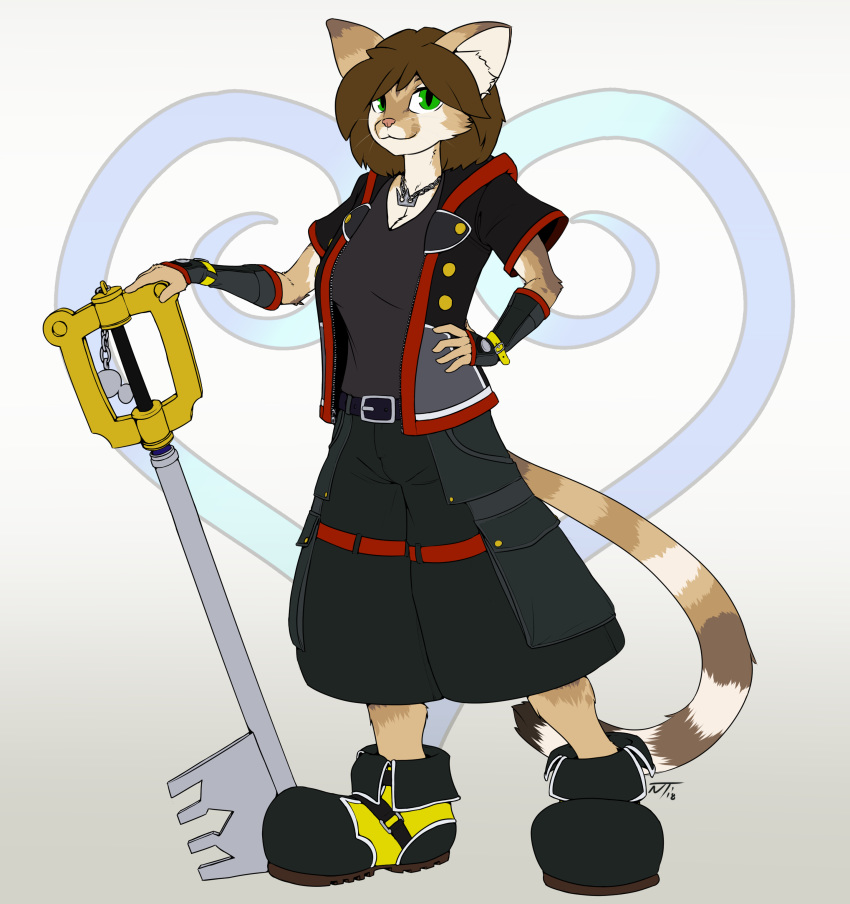 absurd_res big_breasts big_shoes breasts clothed clothing cosplay digital_media_(artwork) disney domestic_cat felid feline felis female fully_clothed helia_peppercats hi_res keyblade kingdom_hearts kingdom_hearts_3 looking_at_viewer mammal melee_weapon notrip solo sora_(kingdom_hearts) square_enix weapon