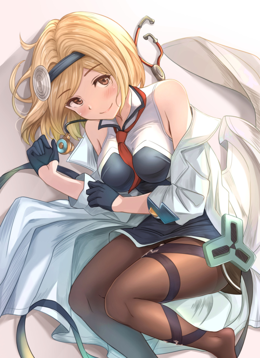 between_breasts black_dress black_gloves black_hairband black_ribbon blonde_hair blush breasts breasts_apart brown_eyes brown_pantyhose collared_dress commentary_request djeeta_(granblue_fantasy) doctor_(granblue_fantasy) dress female fetal_position gloves granblue_fantasy grey_background hair_intakes hairband half_gloves highres keikei_(kitty_colors) lab_coat leg_ribbon looking_at_viewer lying necktie necktie_between_breasts on_side pantyhose red_necktie ribbon short_dress short_hair sleeveless sleeveless_dress smile solo stethoscope swept_bangs