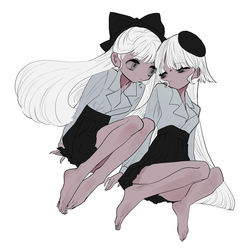 2girls bad_id bad_twitter_id bare_legs barefoot black_bow bow collared_shirt full_body grey_eyes hairbow highres inata17ta long_hair long_sleeves multiple_girls no_nose original shirt simple_background sitting white_background white_hair white_shirt