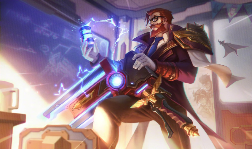 alternate_costume alternate_eye_color alternate_hair_color alternate_hair_length alternate_hairstyle alternate_weapon armor battle_academia_ezreal battle_academia_jayce battle_professor_graves chair chalkboard classroom closed_mouth collared_shirt cowboy_shot desk ezreal formal gloves graves_(league_of_legends) gun highres holding holding_gun holding_weapon huge_weapon indoors jacket jayce_(league_of_legends) league_of_legends long_sleeves looking_at_viewer necktie official_art oversized_object reloading school school_desk shirt short_hair solo_focus standing teacher uniform weapon white_gloves white_shirt wing_collar