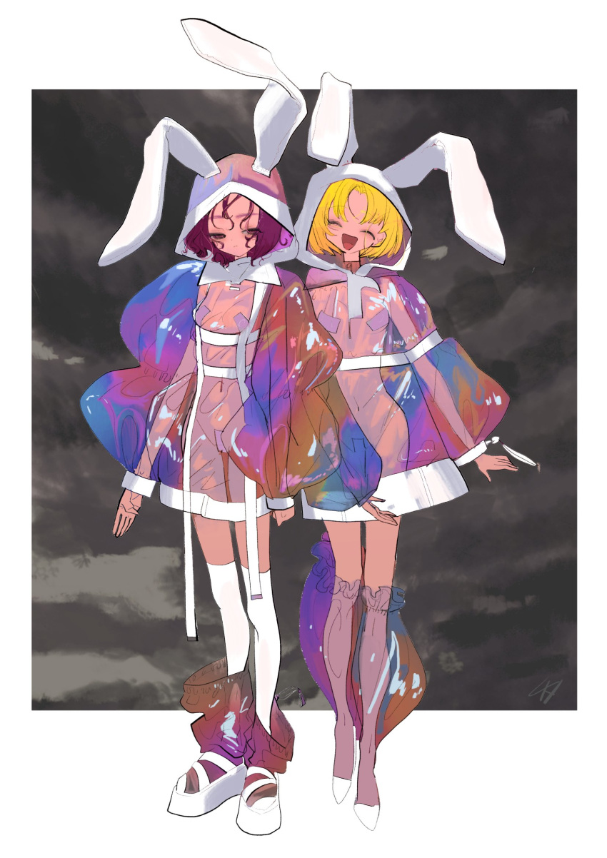 2girls animal_ears blonde_hair border breasts brown_eyes brown_hair closed_eyes commentary_request full_body highres hood hood_up inata17ta iridescent long_sleeves maebari medium_breasts multiple_girls navel open_mouth original outside_border pasties puffy_long_sleeves puffy_sleeves rabbit_ears sandals see-through smile standing thighhighs white_border white_footwear white_legwear