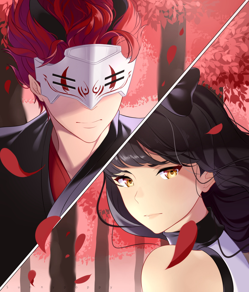 1boy absurdres adam_taurus artist_name black_hair blake_belladonna bow close-up commentary_request female forest highres horns leaf lips mask nature red_background red_hair rwby sunnypoppy tree wind yellow_eyes