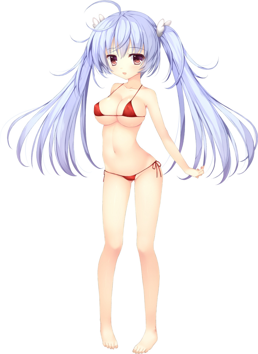 barefoot bikini blue_hair breasts covered_nipples female fujino_yuki full_body haruoto_alice_gram highres large_breasts light_blue_hair long_hair mitha navel non-web_source official_art open_mouth red_bikini red_eyes side-tie_bikini_bottom solo swimsuit transparent_background twintails