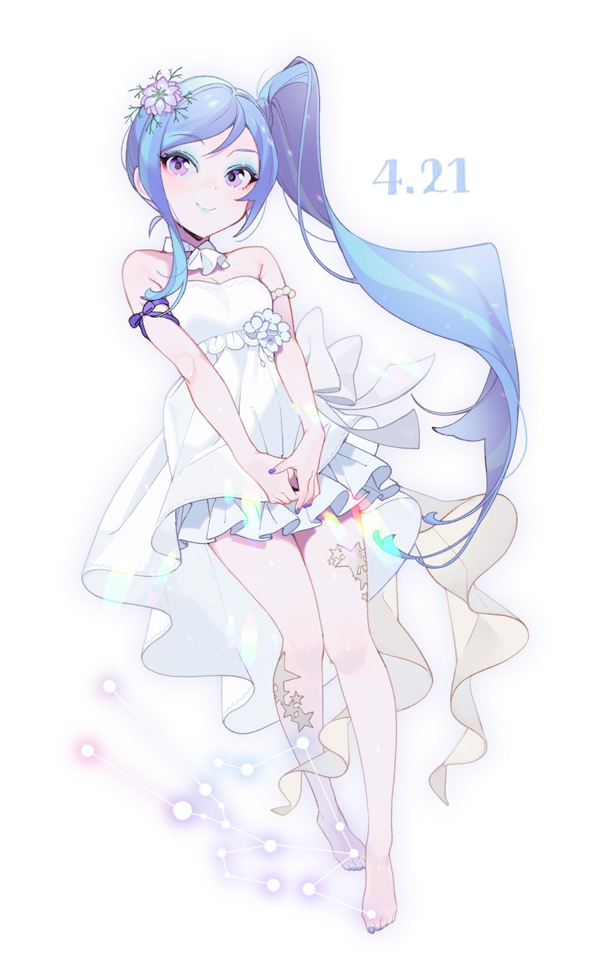 bad_id bad_twitter_id bare_shoulders barefoot blue_hair blue_lips closed_mouth dated dress female flower full_body hair_flower hair_ornament highres long_hair nail_polish ohisashiburi purple_eyes purple_nails shining_star sleeveless sleeveless_dress solo white_background white_dress yoon_shi-a