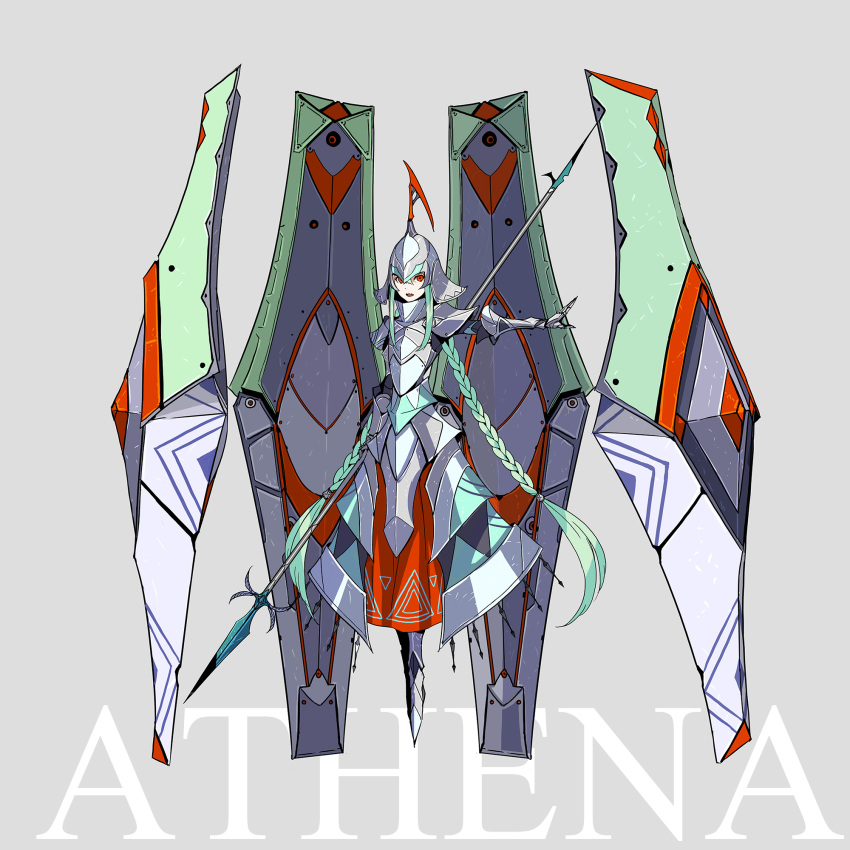 armor armored_boots armored_dress athena_(mythology) boots braid breastplate character_name commentary_request female floating floating_object full_armor full_body gauntlets greek_mythology green_hair grey_background helmet highres long_hair looking_at_viewer mecha_musume official_art open_mouth palow photoshop_(medium) plate_armor polearm red_eyes shinwa_sousei_rpg_amadeus shoulder_armor solo spear teeth twin_braids upper_teeth_only very_long_hair weapon