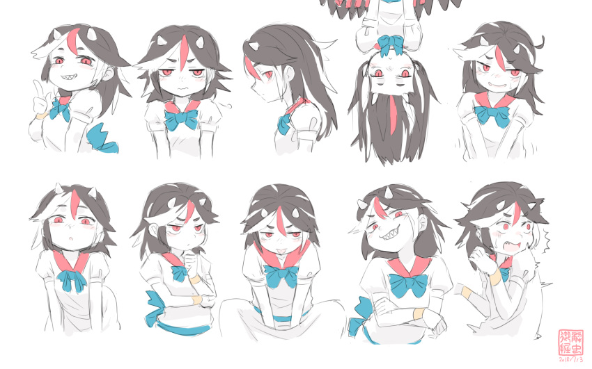 :o ^^^ black_hair blue_bow blue_neckwear bow closed_mouth commentary_request cone_horns expressions female from_side frown grin hand_on_own_elbow hand_up highres horns kani_onigiri_(shottare) kijin_seija long_hair multicolored_hair multiple_views open_mouth puffy_short_sleeves puffy_sleeves red_eyes red_hair sanpaku sharp_teeth short_sleeves small_horns smile streaked_hair surprised teeth touhou upper_body upside-down v-shaped_eyebrows white_background white_hair white_horns