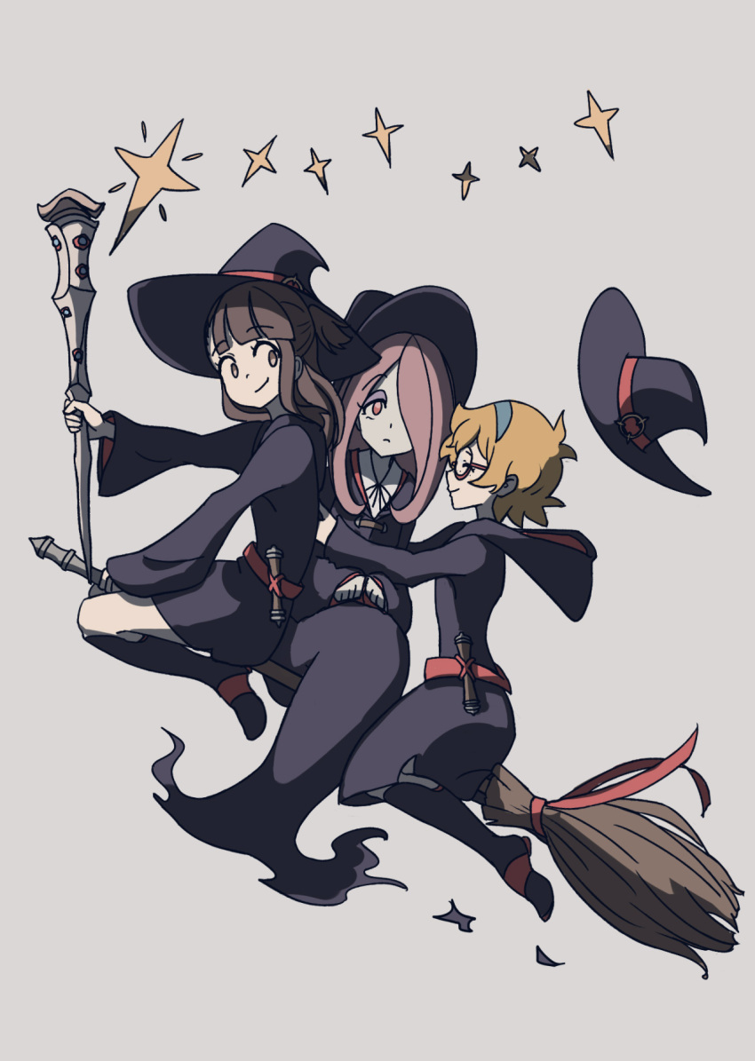 3girls aaaabo bangs blonde_hair blunt_bangs boots broom broom_riding brown_eyes brown_hair closed_eyes eyebrows_visible_through_hair freckles glasses grey_background hair_over_one_eye hat hat_removed headwear_removed highres kagari_atsuko little_witch_academia long_hair long_sleeves lotte_jansson luna_nova_school_uniform multiple_girls profile purple_hair red-framed_eyewear red_eyes round_eyewear school_uniform semi-rimless_eyewear shiny_rod short_hair simple_background smile sucy_manbavaran under-rim_eyewear wide_sleeves witch witch_hat