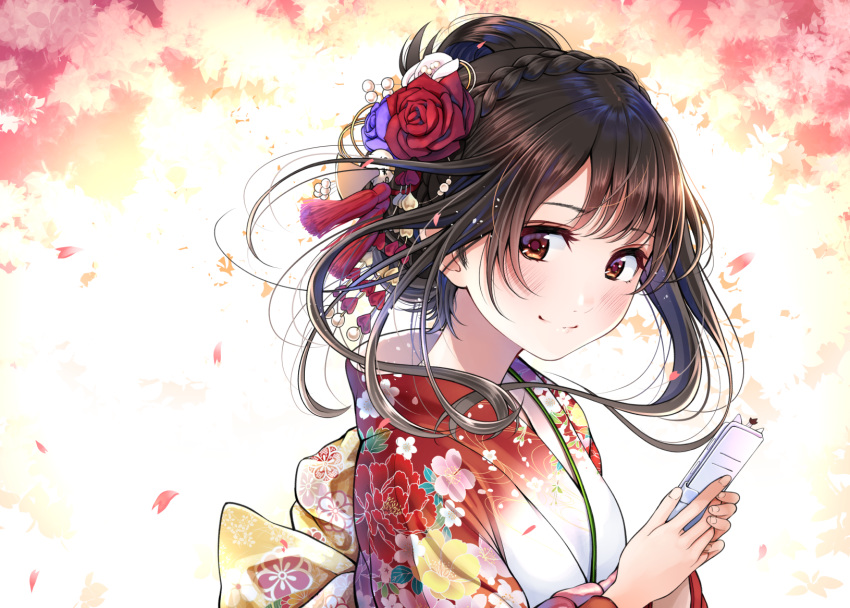 blush brown_eyes brown_hair cellphone closed_mouth commentary_request female floral_print flower from_side hair_flower hair_ornament highres holding holding_phone japanese_clothes kentaurosu kimono long_hair long_sleeves looking_at_viewer looking_to_the_side matsuno_chiya original petals phone print_kimono purple_flower purple_rose red_flower red_kimono red_rose rose smile solo upper_body