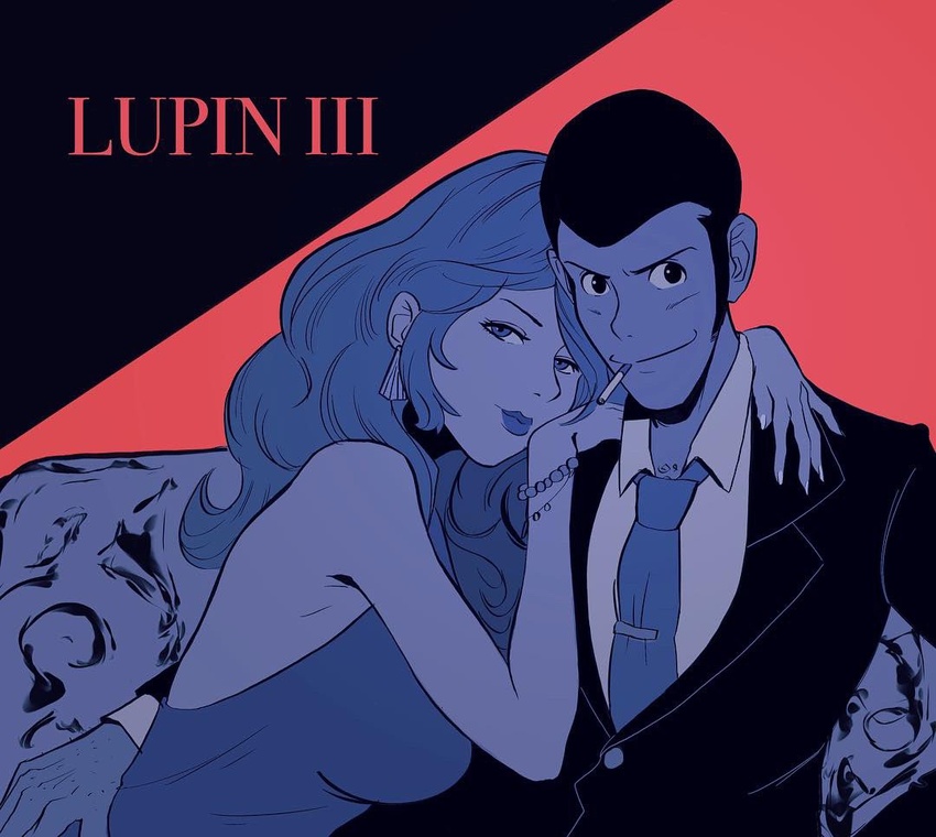 1boy 2019 arm_around_shoulder arsene_lupin_iii bare_shoulders bracelet breasts buzz_cut chest_hair cigarette commentary copyright_name dress earrings english_commentary flat_color formal jewelry lips lipstick long_hair looking_at_viewer lupin_iii makeup mine_fujiko monkey_punch nail_polish necktie shirt short_hair sleeveless sleeveless_dress smile suit tie_clip valantains very_short_hair