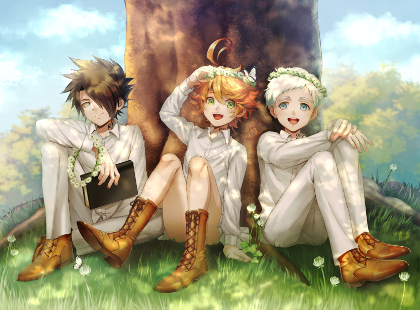 2boys absurdres ahoge bad_id bad_pixiv_id bare_legs black_eyes black_hair blue_eyes book boots bug butterfly commentary_request day emma_(yakusoku_no_neverland) female flower flower_wreath grass green_eyes hair_over_one_eye head_wreath highres looking_at_viewer md5_mismatch multiple_boys neck_tattoo norman_(yakusoku_no_neverland) number_tattoo open_mouth orange_hair outdoors ray_(yakusoku_no_neverland) resolution_mismatch short_hair sitting smile source_smaller tattoo thick_eyebrows tree uniform white_hair xino yakusoku_no_neverland