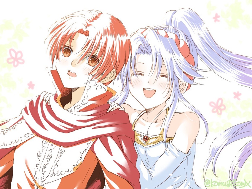 1boy azelle_(fire_emblem) bad_id bad_twitter_id cloak closed_eyes female fire_emblem fire_emblem:_genealogy_of_the_holy_war hanasaki_komugi hug hug_from_behind ponytail red_eyes red_hair smile tailtiu_(fire_emblem) white_hair