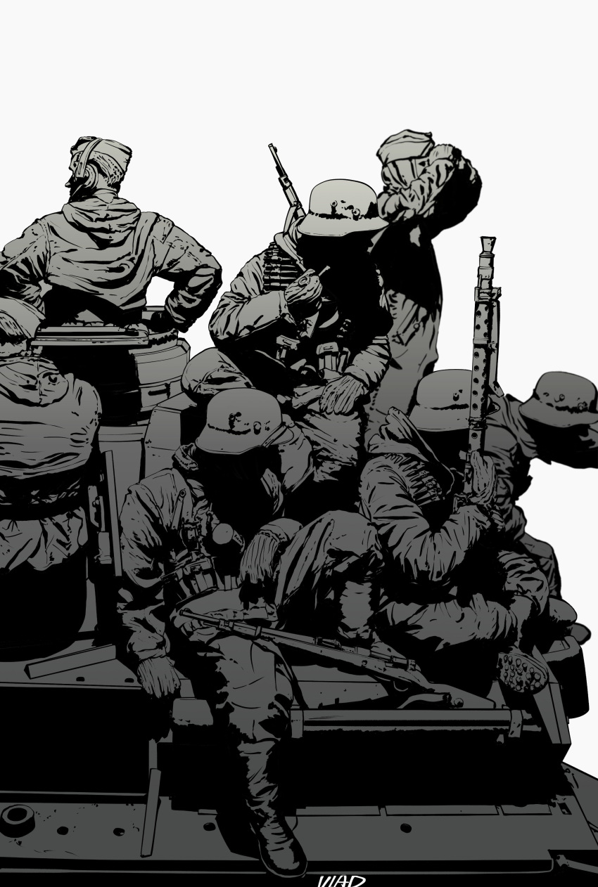 6+boys absurdres alatchenkov army artist_name bad_id bad_twitter_id belt binoculars boots bullet combat_helmet commentary germany gewehr_43 gloves greyscale gun hat headphones helmet highres holding holding_binoculars holding_smoking_pipe holding_weapon hood hood_down long_sleeves looking_to_the_side machine_gun male_focus mg42 military military_hat military_uniform military_vehicle monochrome motor_vehicle multiple_boys original pants rifle simple_background sitting smoking_pipe soldier stahlhelm tank uniform weapon wehrmacht white_background world_war_ii