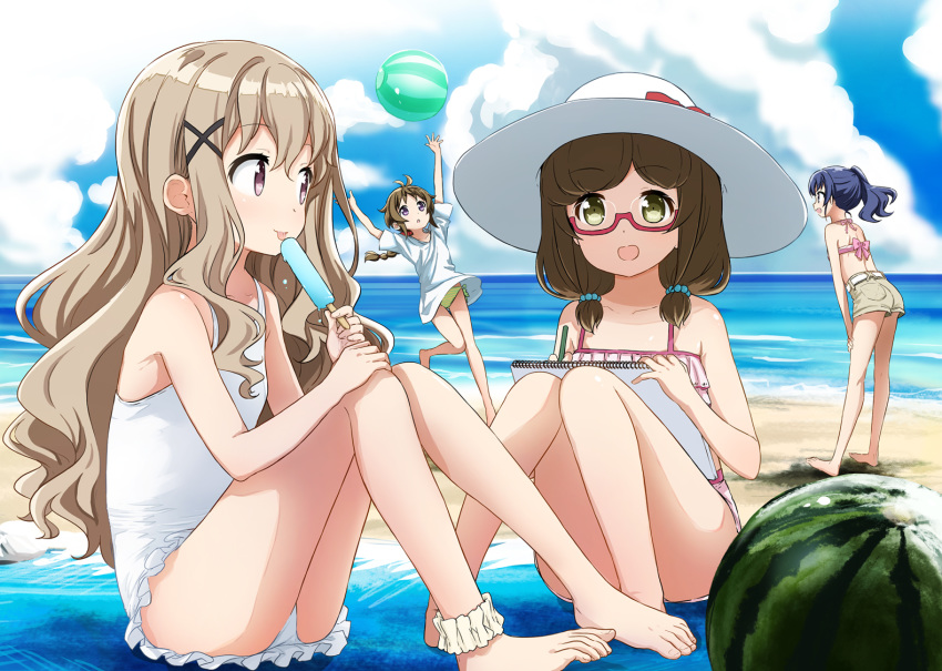 4girls :d abe_kanari alternate_costume ankle_cuffs aoki_momo arms_up ball beach beachball bikini blanket blue_eyes blue_hair blue_sky braid braided_ponytail brown_eyes brown_hair brown_shorts cloud collarbone commentary_request day eating food from_side fruit glasses green_eyes hair_bobbles hair_ornament hands_on_own_thighs hat high_school_fleet holding holding_sketchbook horizon knees_together_feet_apart leaning_back leaning_forward light_brown_hair long_hair looking_at_another looking_up low_twintails multiple_girls ocean on_ground one-piece_swimsuit open_mouth outdoors photoshop_(medium) pink_bikini ponytail popsicle red-framed_eyewear semi-rimless_eyewear shirt short_hair short_sleeves shorts sideways_glance single_braid sitting sketchbook sky smile standing sun_hat swimsuit t-shirt tongue tongue_out twintails uda_megumi under-rim_eyewear very_long_hair watermelon wazumi_hime white_one-piece_swimsuit white_shirt x_hair_ornament yagi_tsugumi yellow_bikini