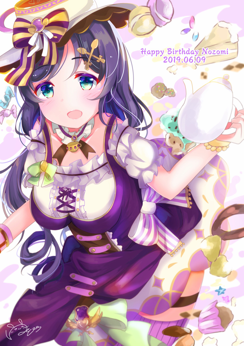 absurdres bad_id bad_pixiv_id birthday breasts cake character_name commentary_request cupcake dated depe english_text female food green_eyes hair_ornament happy_birthday hat highres large_breasts looking_at_viewer love_live! love_live!_school_idol_project purple_hair signature solo sweets teapot tojo_nozomi unworn_hair_ornament