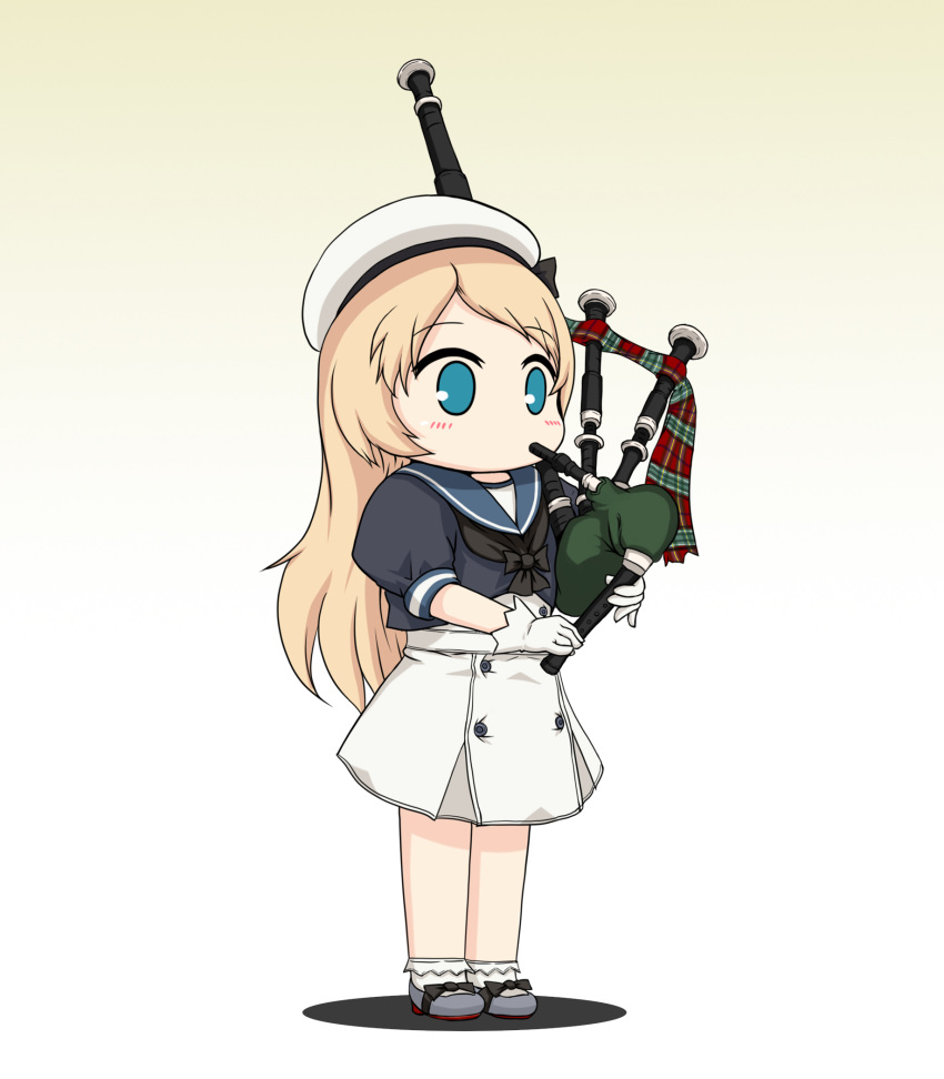 bagpipes blonde_hair blue_eyes blue_sailor_collar commentary_request dress female frilled_socks frills full_body gloves gradient_background grey_background hat highres instrument jervis_(kancolle) kantai_collection long_hair no_nose sailor_collar sailor_dress sailor_hat short_sleeves socks solo standing white_dress white_gloves white_hat yakuto007