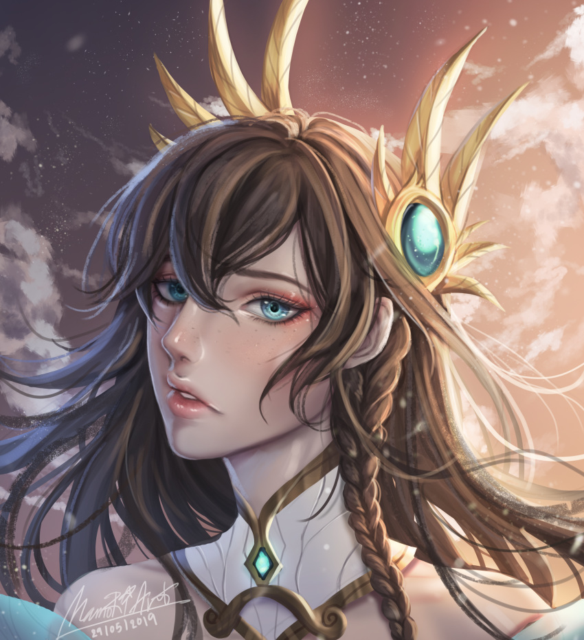 absurdres artist_name black_hair blue_eyes braid brown_sky cloud collar commentary_request dated day detached_collar divine_sword_irelia female hair_between_eyes hair_ornament highres irelia league_of_legends long_hair looking_at_viewer mamori outdoors parted_lips portrait solo