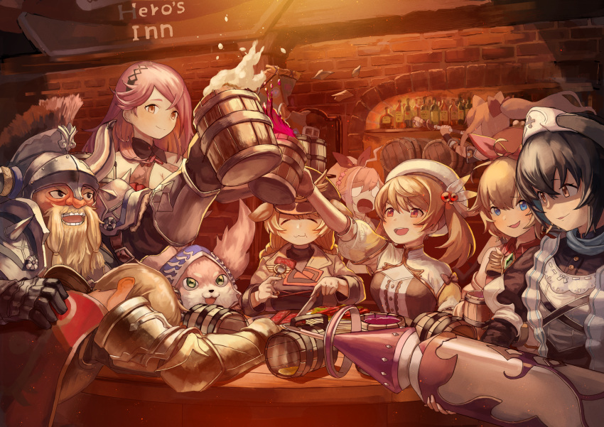 2boys 6+girls =_= alcohol annette_(king's_raid) beard black_hair blue_eyes blush breasts brown_eyes brown_hair cleavage closed_eyes closed_mouth commentary_request dwarf facial_hair facing_viewer greentanuki hair_bobbles hair_ornament hat helmet highres juno_(king's_raid) king's_raid large_breasts long_hair looking_at_another looking_at_viewer may_(king's_raid) mediana multiple_boys multiple_girls open_mouth phillop pink_eyes pink_hair red_eyes rephy requina rodina_(king's_raid) sleeping smile teeth theo_(king's_raid) twintails upper_teeth_only white_headwear