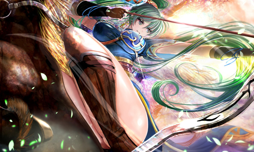 arrow_(projectile) bow_(weapon) breasts commentary_request earrings female fingerless_gloves fire_emblem fire_emblem:_the_blazing_blade fire_emblem_heroes gloves green_eyes green_hair hair_ornament high_ponytail highres horse jewelry long_hair lyn_(brave_lady)_(fire_emblem) lyn_(fire_emblem) pelvic_curtain ponytail side_slit solo tongari weapon