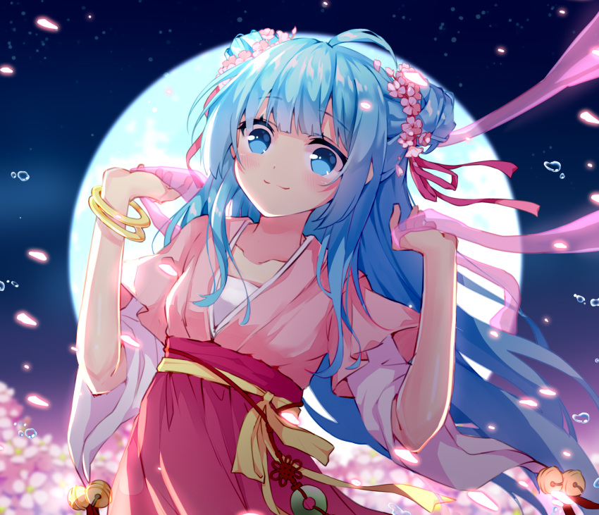 ahoge alternate_hairstyle bangle bell blue_eyes blue_hair bracelet chinese_clothes closed_mouth collarbone commentary_request double_bun female floating_hair flocflower flower full_moon hagoromo hair_bun hair_flower hair_ornament hair_ribbon hanfu hatsune_miku high-waist_skirt highres jewelry jingle_bell layered_sleeves long_hair long_sleeves looking_at_viewer moon o-ring petals pink_flower pink_shirt red_ribbon red_skirt ribbon sash see-through shawl shirt short_over_long_sleeves short_sleeves skirt smile solo very_long_hair vocaloid yaopei