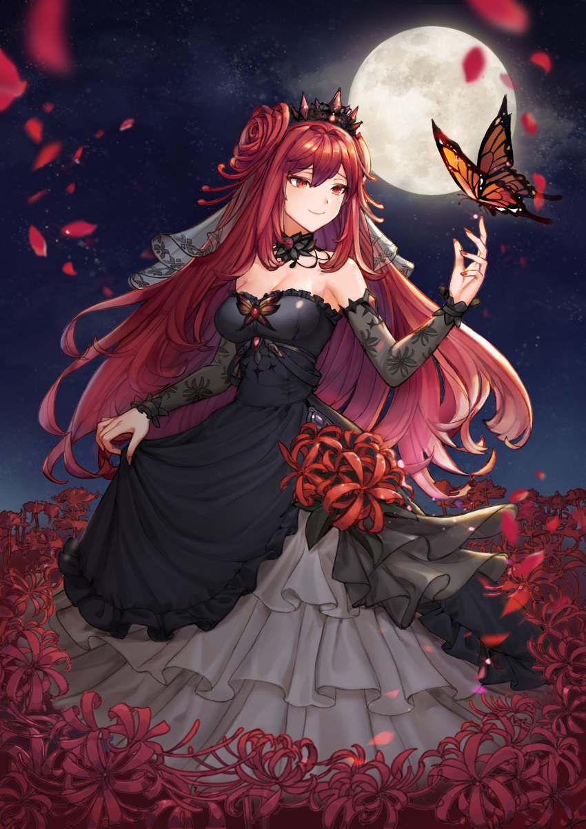 absurdres black_dress breasts bug butterfly choker cleavage closed_mouth commentary_request detached_sleeves diadem dress erze_(king's_raid) female floating_hair flower full_body full_moon grey_sleeves hair_between_eyes highres king's_raid layered_dress long_dress long_hair long_sleeves medium_breasts monarch_butterfly moon nail_polish night outdoors petals photoshop_(medium) print_sleeves red_eyes red_flower red_hair red_nails skirt_hold smile solo spider_lily standing strapless strapless_dress tjgus very_long_hair