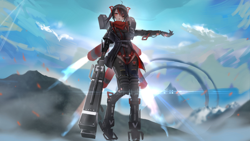 absurdres black_hair blue_sky blurry blurry_background blush breasts commentary covered_navel cyberpunk cyborg day eyepatch female highres holding holding_weapon jacket leotard mecha_musume mechanical_arms mechanical_legs medium_breasts mihato_senba mountain multicolored_hair northstar_(titanfall) open_clothes open_jacket outdoors personification prosthesis red_eyes scarf science_fiction short_hair short_sleeves short_twintails skin_tight sky solo standing streaked_hair swept_bangs symbol-only_commentary symbol-shaped_pupils titan_(titanfall) titanfall_(series) titanfall_2 twintails weapon