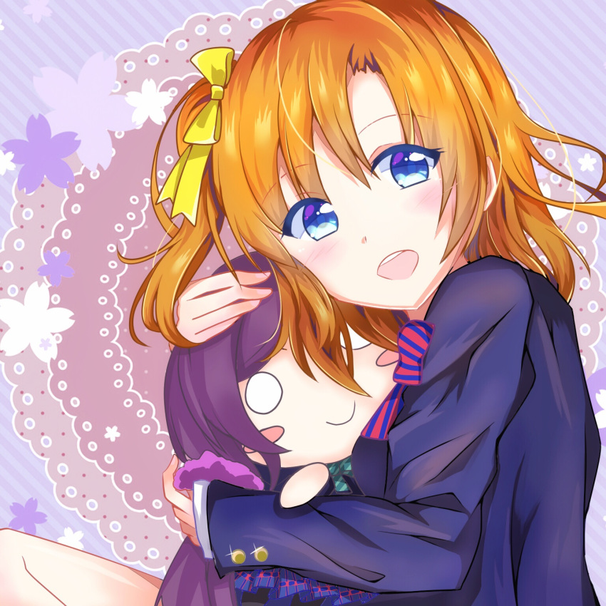 bad_id bad_pixiv_id blue_eyes blush bow character_doll commentary_request depe female hair_ornament hairbow highres hugging_doll hugging_object kosaka_honoka long_hair love_live! love_live!_school_idol_project merchandise nesoberi one_side_up open_mouth orange_hair otonokizaka_school_uniform purple_hair school_uniform short_hair smile tojo_nozomi twintails winter_uniform