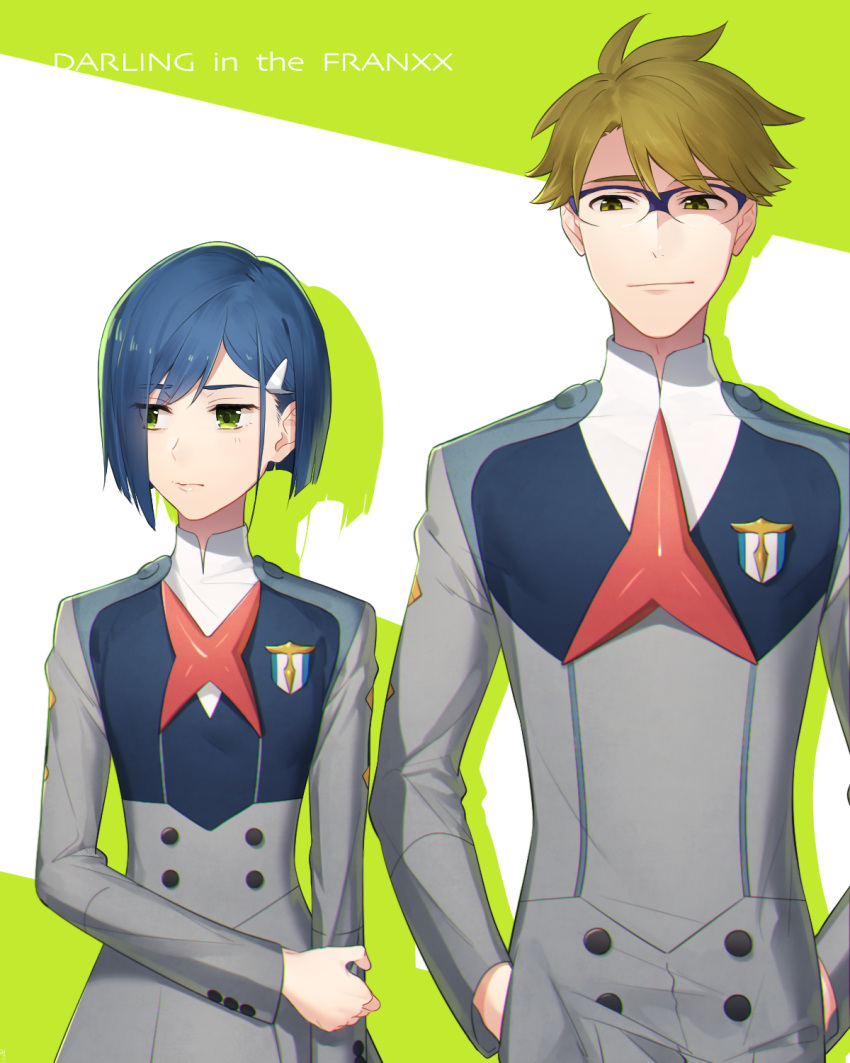 1boy blue-framed_eyewear blue_hair brown_hair closed_mouth commentary_request copyright_name darling_in_the_franxx dress female glasses gorou_(darling_in_the_franxx) green_eyes grey_dress hair_ornament hairclip hands_in_pockets highres ichigo_(darling_in_the_franxx) long_sleeves looking_away mikko_(mim_mikko) over-rim_eyewear semi-rimless_eyewear short_hair smug