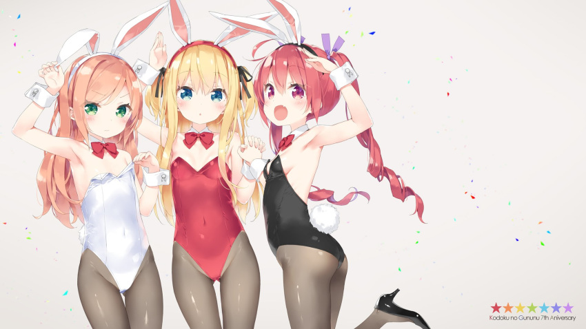 3girls :d :o ahoge animal_ears anniversary arm_up ass black_footwear black_hairband black_leotard black_ribbon blonde_hair blue_eyes blush bow bowtie breasts brown_hair closed_mouth collar commentary_request covered_navel detached_collar fake_animal_ears fingernails flat_chest green_eyes grey_background grey_legwear groin hair_between_eyes hair_ribbon hairband hazuki_watora high_heels highres holding_hands interlocked_fingers kani_biimu leotard long_hair looking_at_viewer minazuki_sarami multiple_girls oerba_yun_fang open_mouth original pantyhose parted_lips playboy_bunny purple_eyes purple_ribbon rabbit_ears rabbit_tail red_bow red_bowtie red_hair red_hairband red_leotard ribbon ringlets shimotsuki_potofu shoes small_breasts smile standing standing_on_one_leg star_(symbol) tail thigh_gap twintails two_side_up very_long_hair white_collar white_hairband white_leotard wrist_cuffs